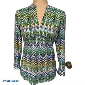 ELLIE KAI TOP BLOUSE TUNIC Blue White Green V-NECK Size 0